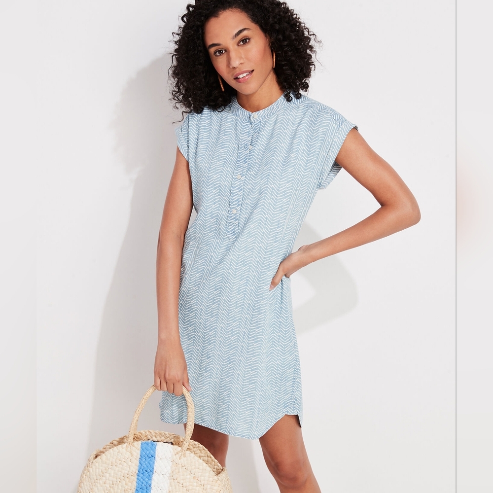 Vineyard Vines Shirt Dress Margo Blue Print Chambray Cap Sleeve Mini Size 4